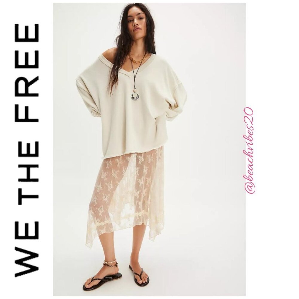 WE THE FREE BY FREE PEOPLE Venice V-Neck Sweatshirt Grey Opal Large NWOT